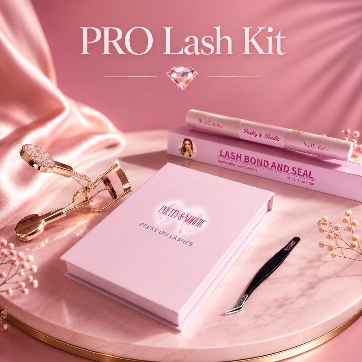 PRO Lash Kit with eyelash tools on a pink surface